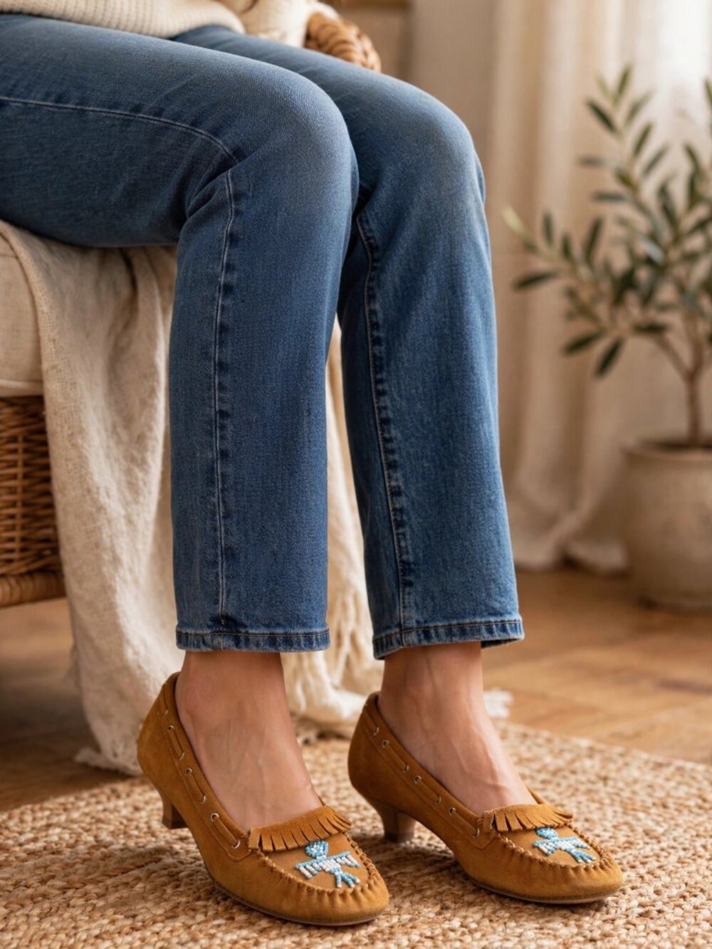Aldo Beaded Moccasin Pumps | Tan Suede Thunderbird Kitten Heels Boho | 38